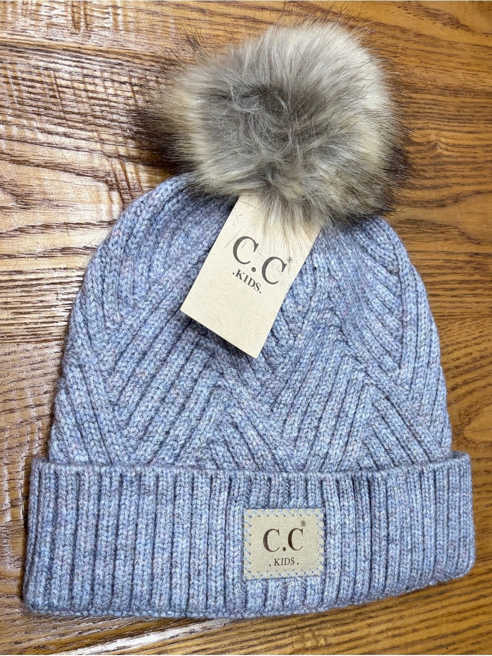 C.C Kids Heather Gray Knit Beanie with Faux Fur Pom
